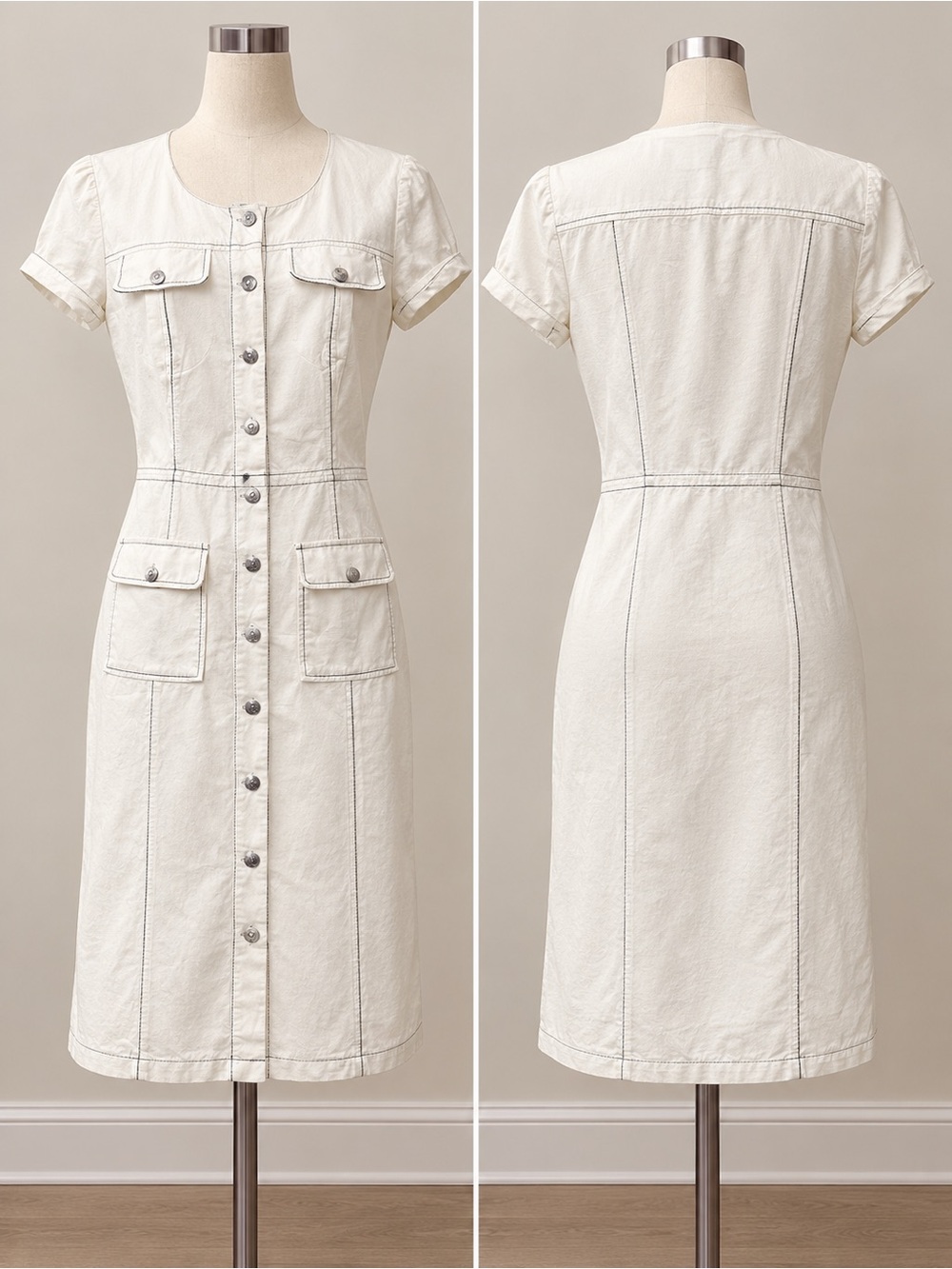 Karl Lagerfeld White Button-Front Short Sleeve Midi Dress - Picture 2 of 5